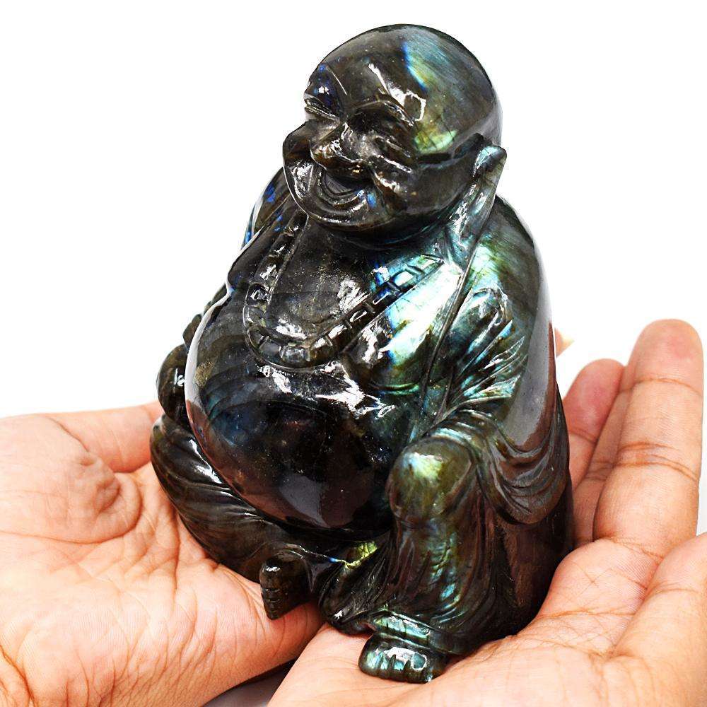 gemsmore:Exclusive Amazing Flash Labradorite Hand Carved Laughing Buddha