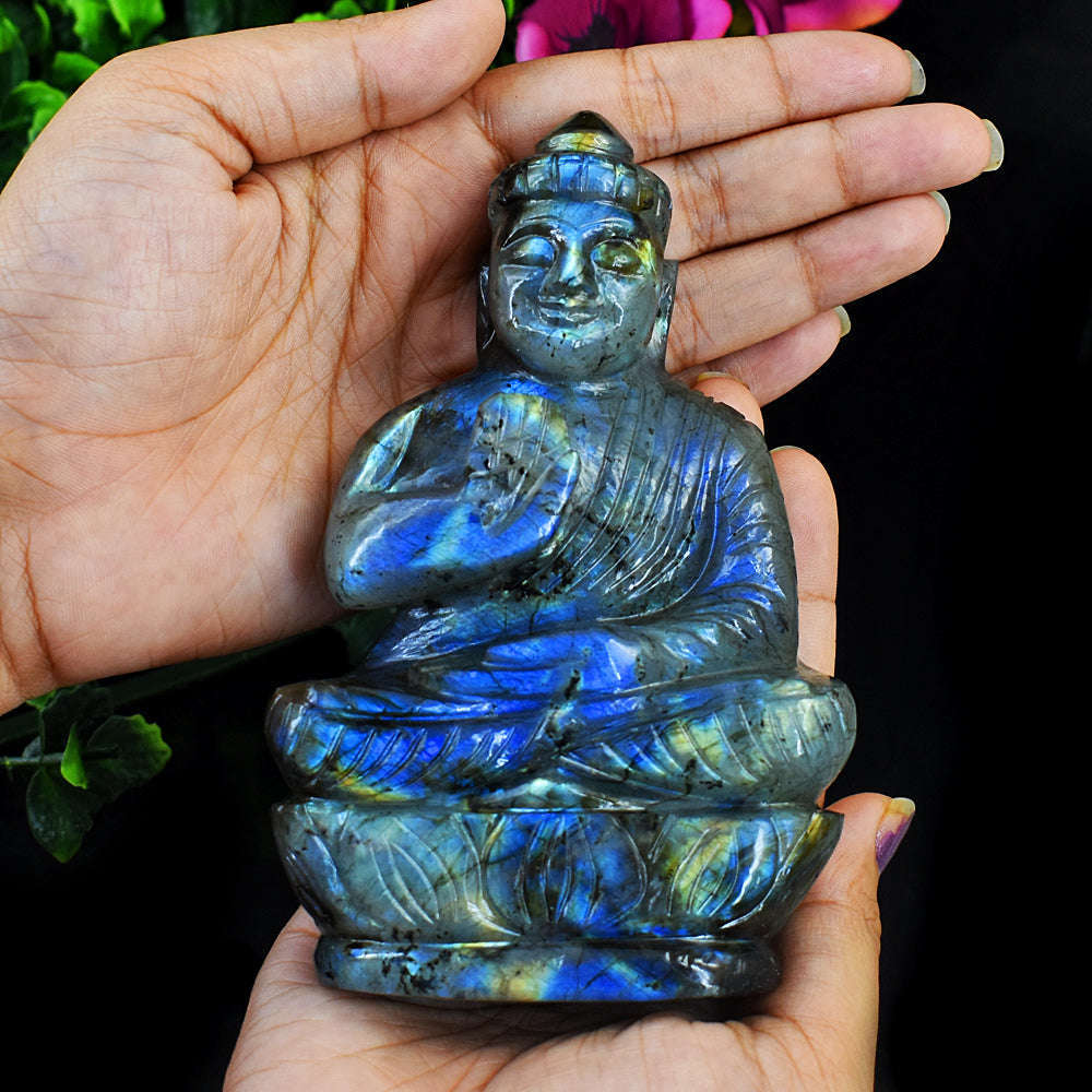 gemsmore:Exclusive Amazing Flash Labradorite Hand Carved Lord Buddha