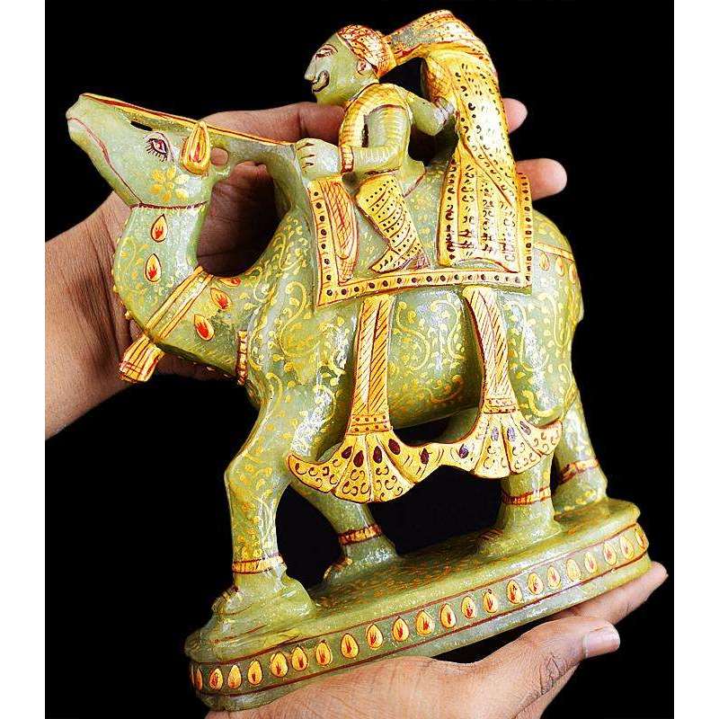 gemsmore:Exclusive Aventurine Enamel Painted Hand Carved Couple On Camel