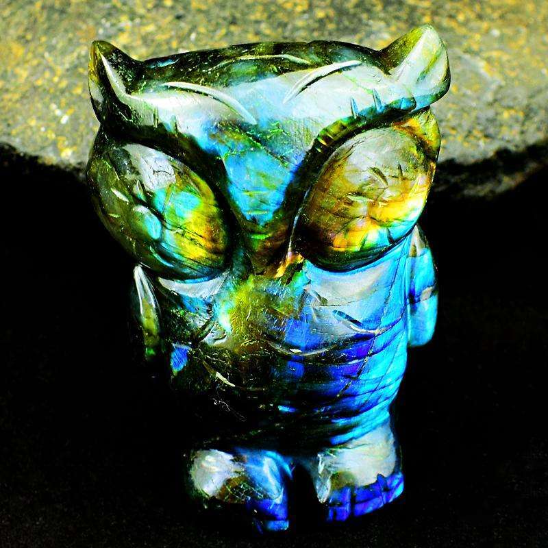 gemsmore:Exclusive Blue Flash Labardorite Hand Carved Owl