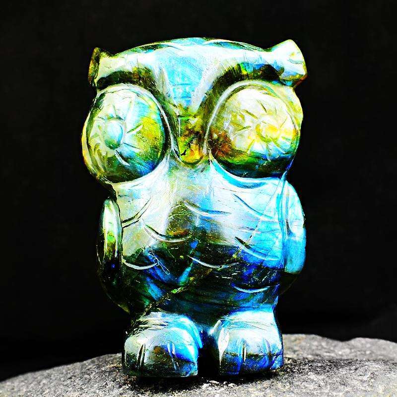 gemsmore:Exclusive Blue Flash Labardorite Hand Carved Owl