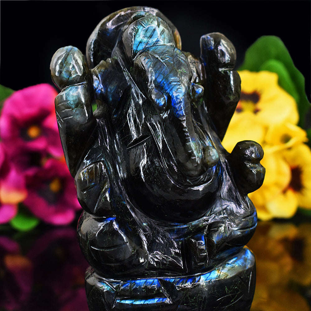 gemsmore:Exclusive Blue Flash Labradorite  Hand Carved Lord Ganesha