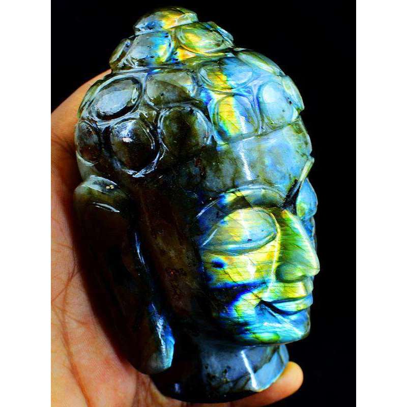 gemsmore:Exclusive Blue & Golden Flash Labradorite Hand Carved Buddha Head