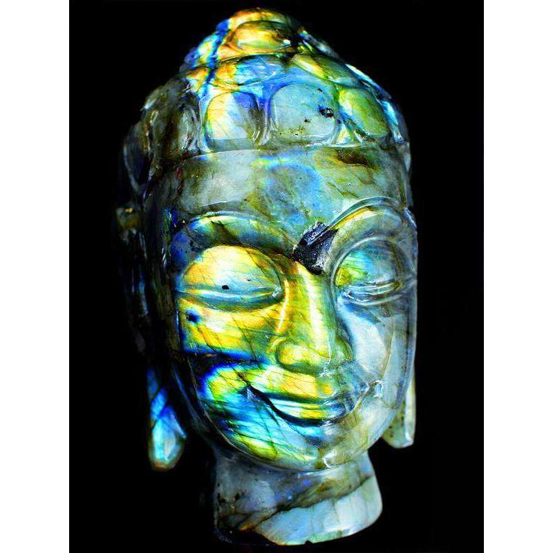 gemsmore:Exclusive Blue & Golden Flash Labradorite Hand Carved Buddha Head