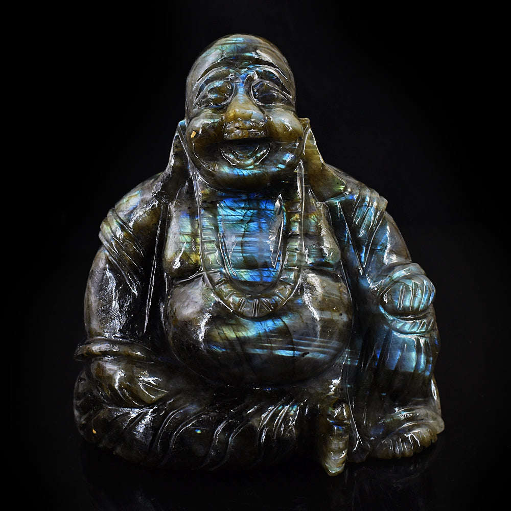 gemsmore:Exclusive Blue & Golden Flash Labradorite Hand Carved Massive Laughing Buddha