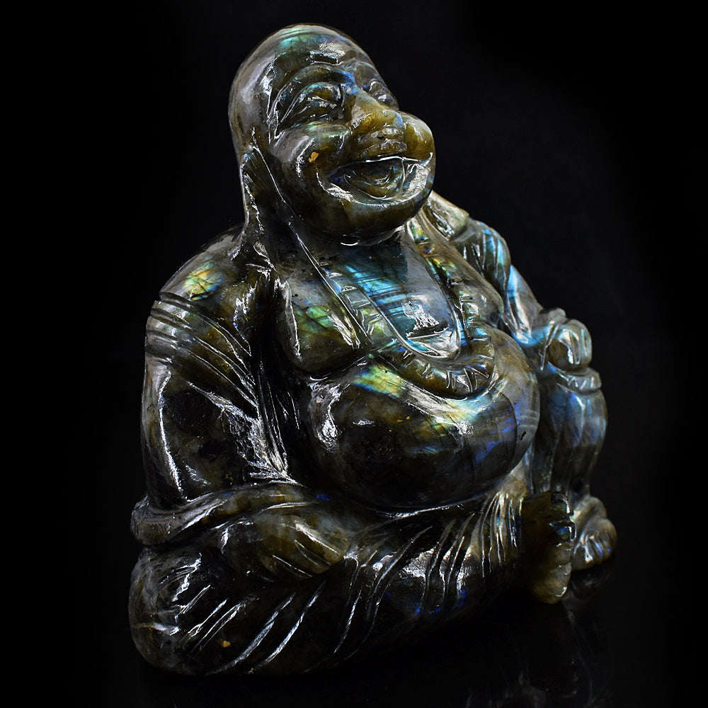 gemsmore:Exclusive Blue & Golden Flash Labradorite Hand Carved Massive Laughing Buddha