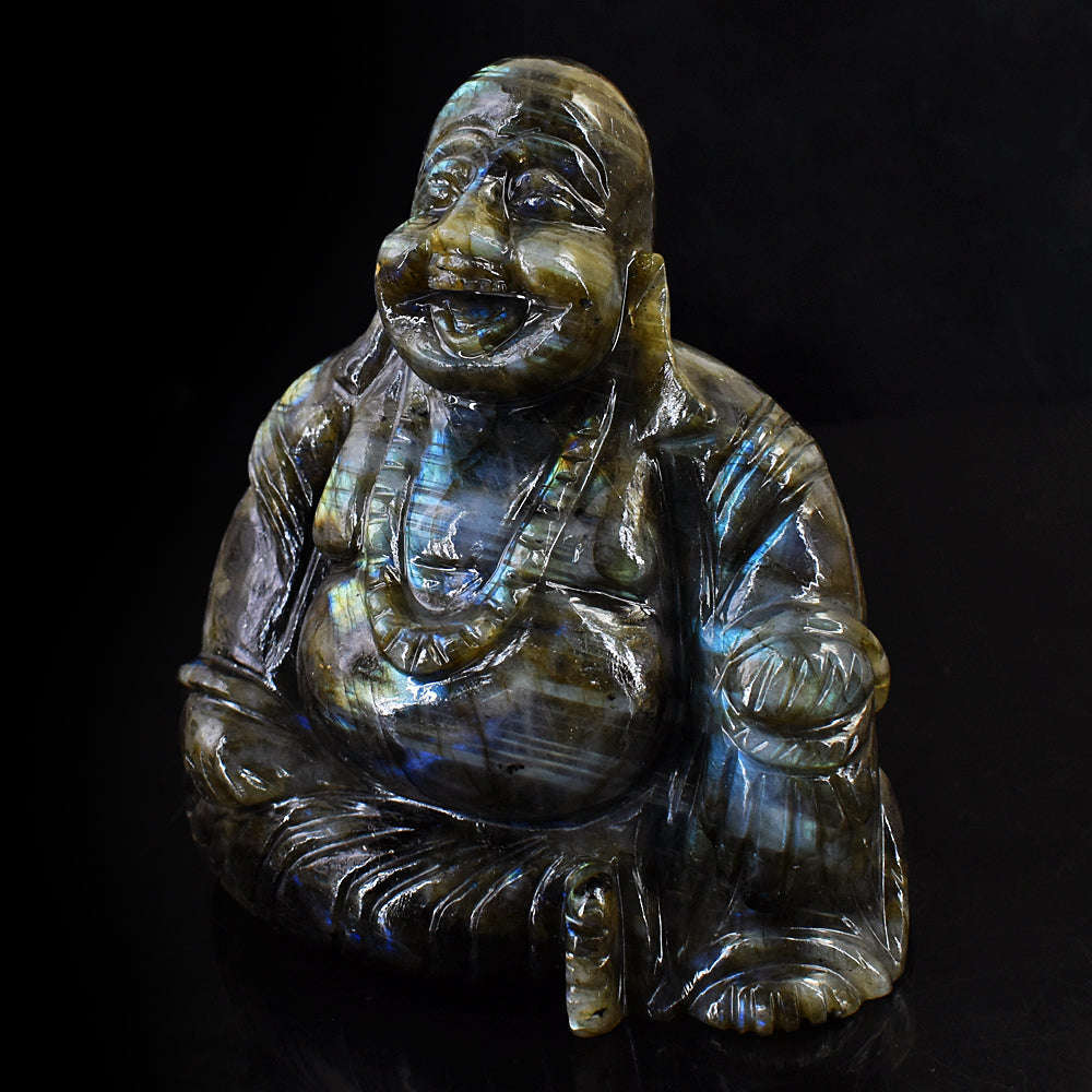 gemsmore:Exclusive Blue & Golden Flash Labradorite Hand Carved Massive Laughing Buddha