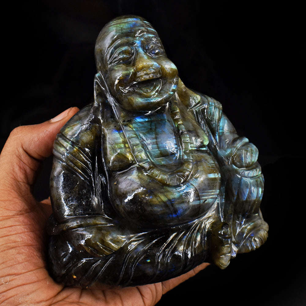 gemsmore:Exclusive Blue & Golden Flash Labradorite Hand Carved Massive Laughing Buddha