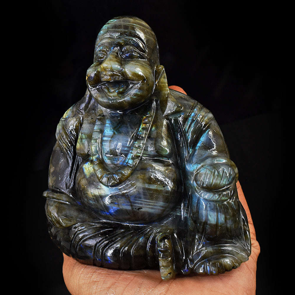 gemsmore:Exclusive Blue & Golden Flash Labradorite Hand Carved Massive Laughing Buddha