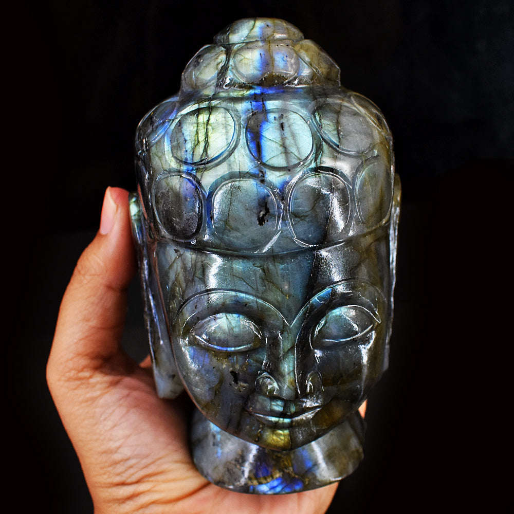 gemsmore:Exclusive Blue & Green Flash Labradorite Hand Carved Genuine Crystal Gemstone Carving Buddha Head