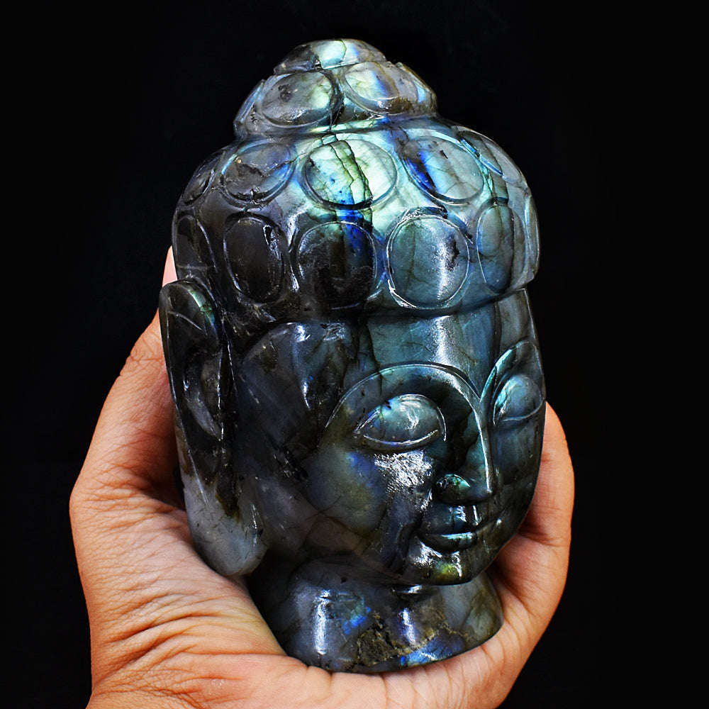 gemsmore:Exclusive Blue & Green Flash Labradorite Hand Carved Genuine Crystal Gemstone Carving Buddha Head
