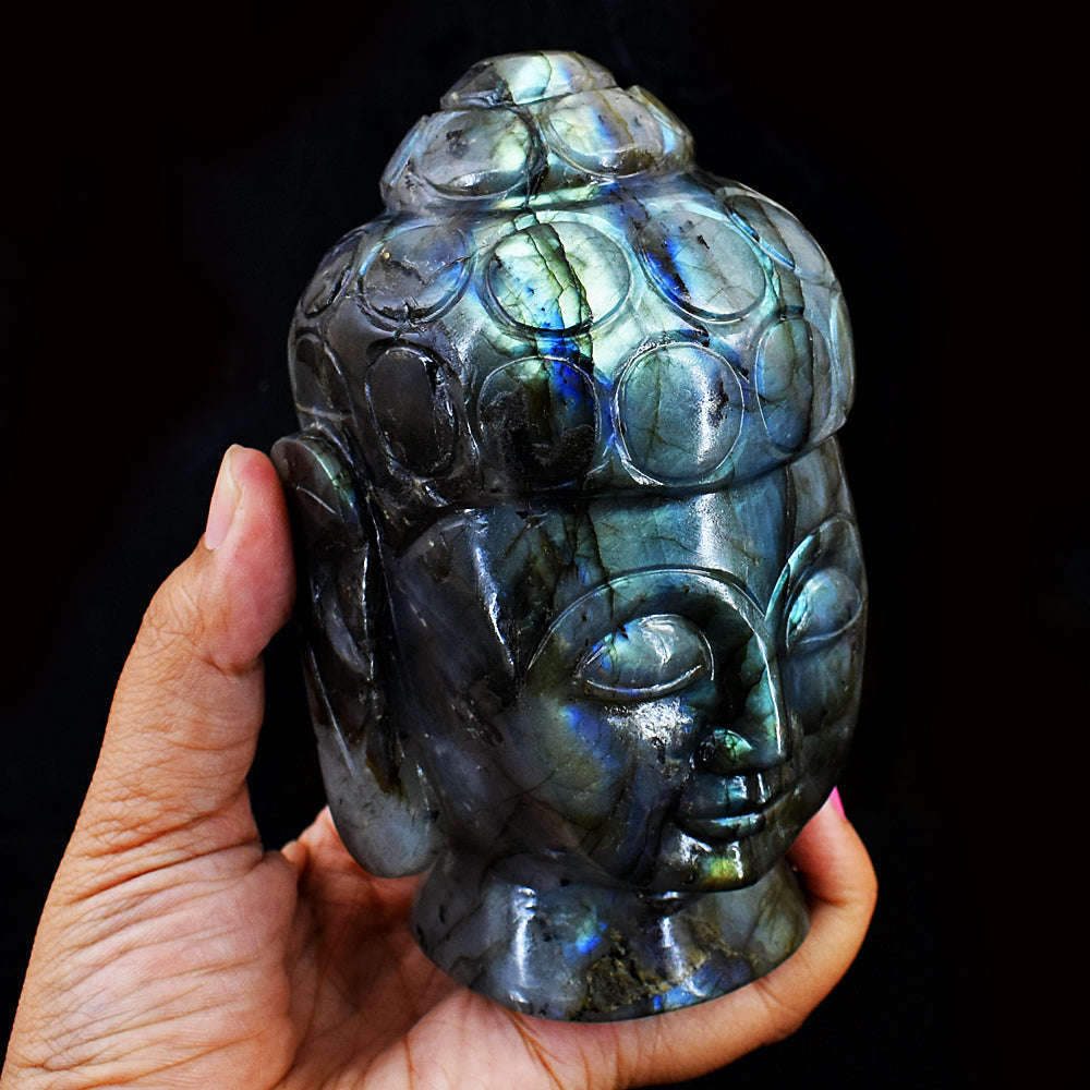 gemsmore:Exclusive Blue & Green Flash Labradorite Hand Carved Genuine Crystal Gemstone Carving Buddha Head