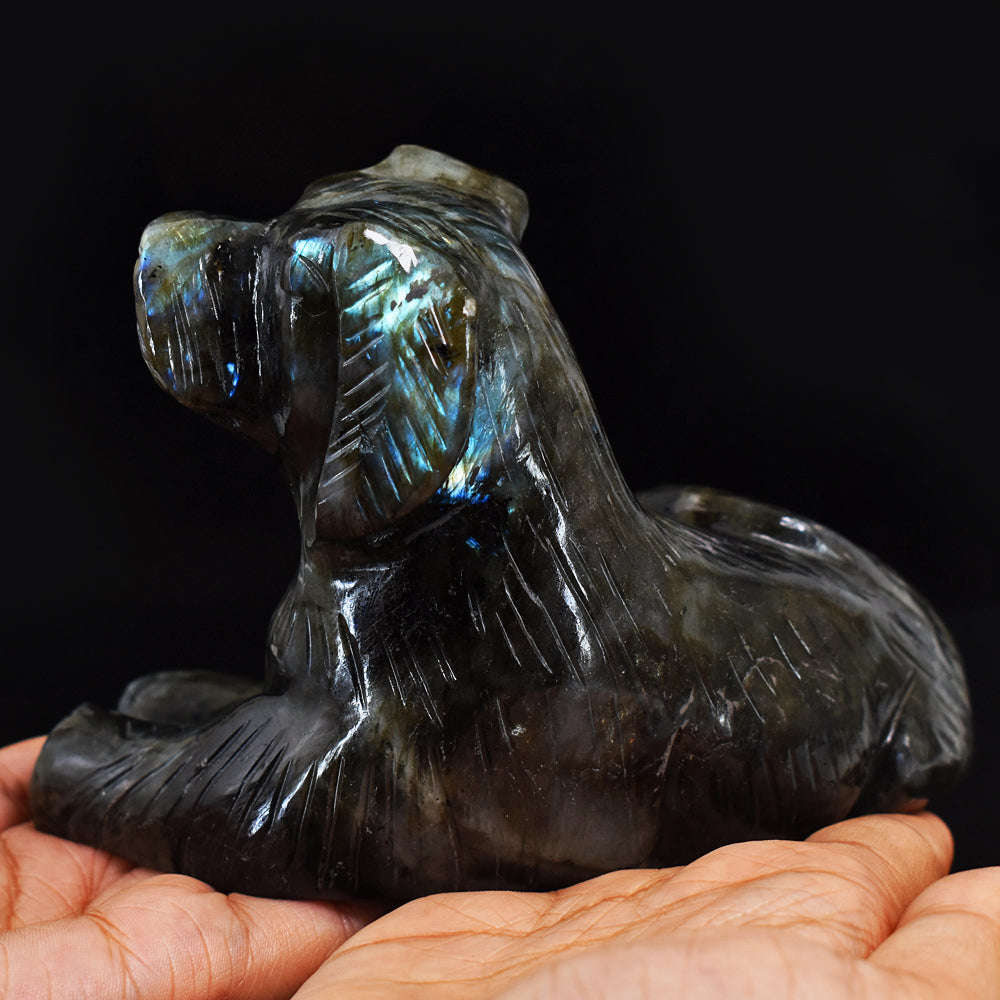 gemsmore:Exclusive Blue & Green Flash Labradorite Hand Carved Genuine Crystal Gemstone Carving Dog