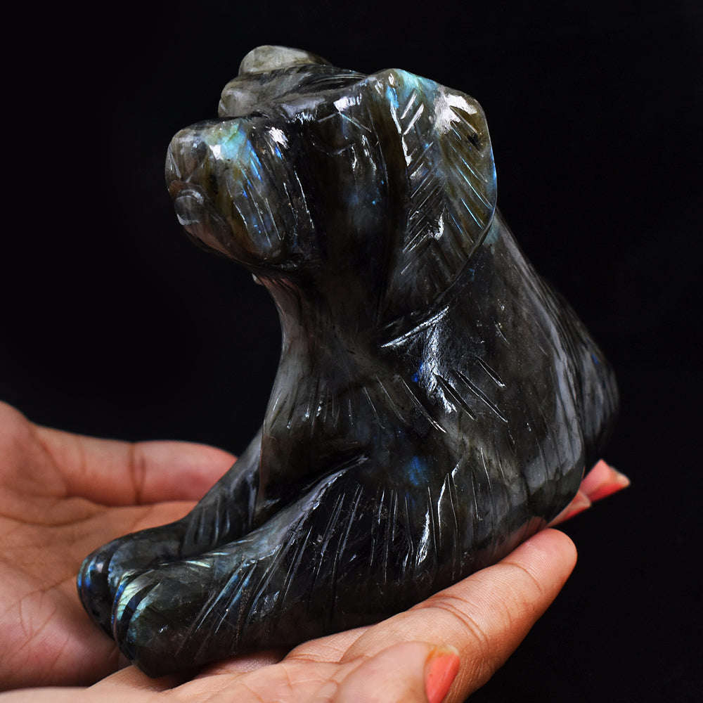 gemsmore:Exclusive Blue & Green Flash Labradorite Hand Carved Genuine Crystal Gemstone Carving Dog