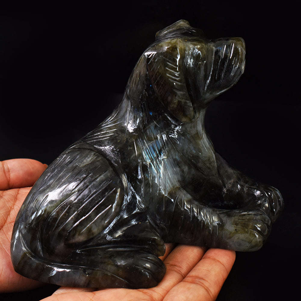 gemsmore:Exclusive Blue & Green Flash Labradorite Hand Carved Genuine Crystal Gemstone Carving Dog