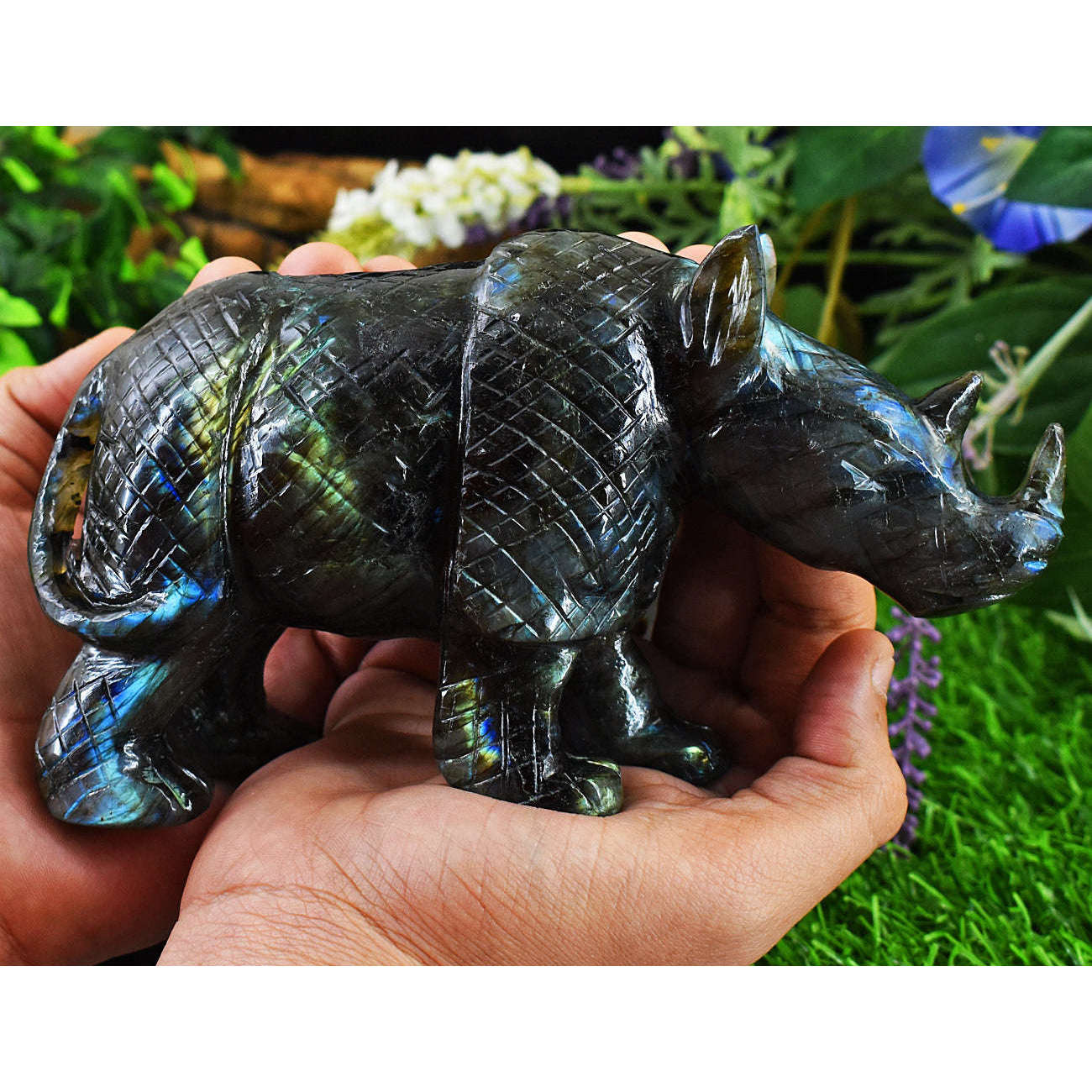 gemsmore:Exclusive Blue & Green Flash Labradorite Hand Carved Rhino