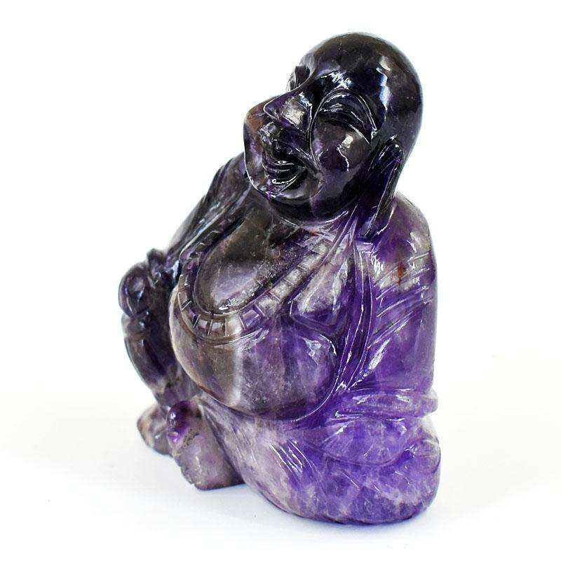 gemsmore:Exclusive Chevron Amethyst Hand Carved Genuine Crystal Gemstone Carving Laughing Buddha