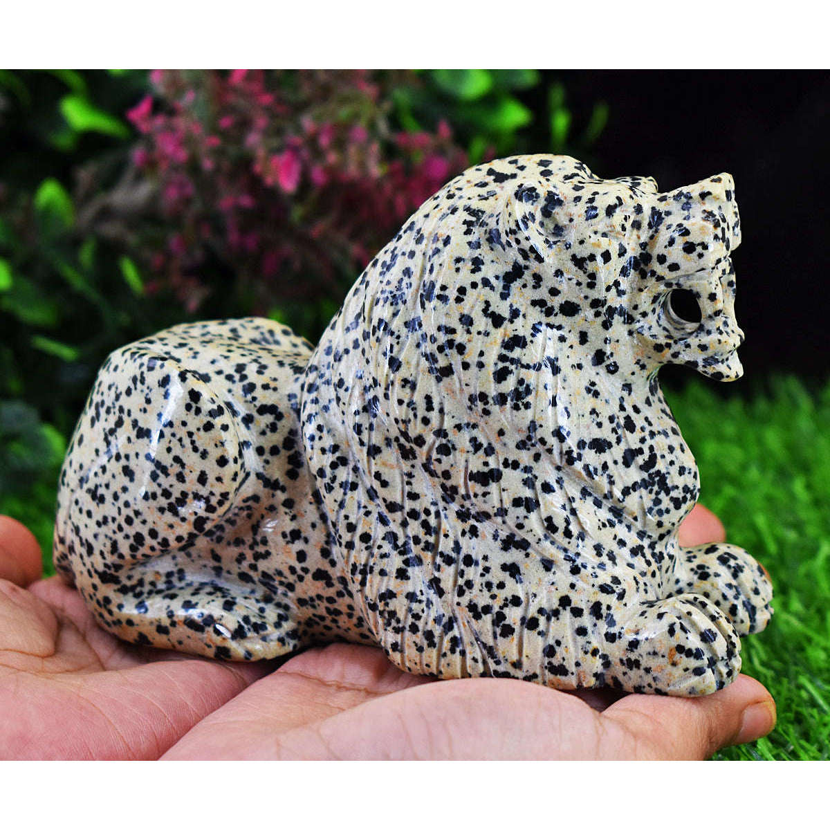 gemsmore:Exclusive Dalmation Jasper  Hand Carved Genuine Crystal Gemstone Carving Massive Lion