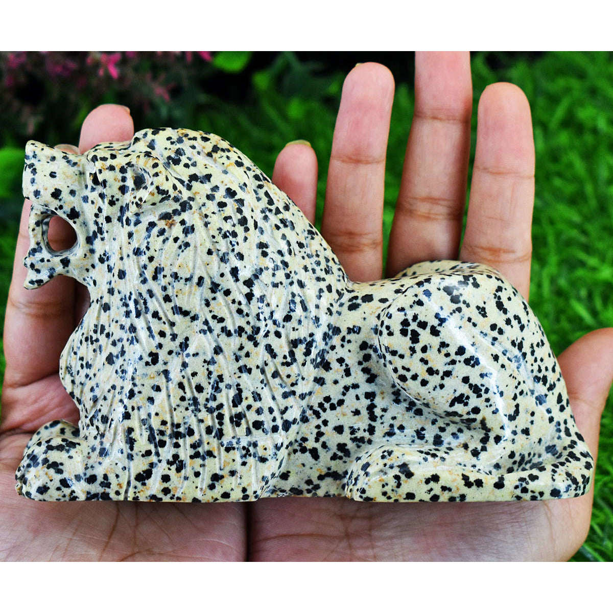 gemsmore:Exclusive Dalmation Jasper  Hand Carved Genuine Crystal Gemstone Carving Massive Lion