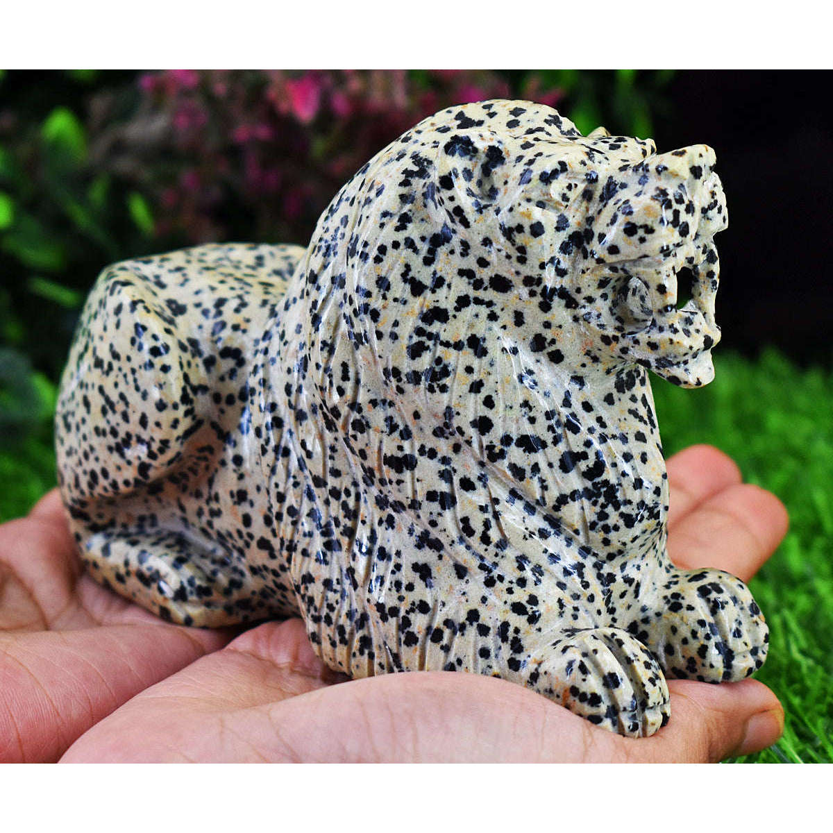 gemsmore:Exclusive Dalmation Jasper  Hand Carved Genuine Crystal Gemstone Carving Massive Lion