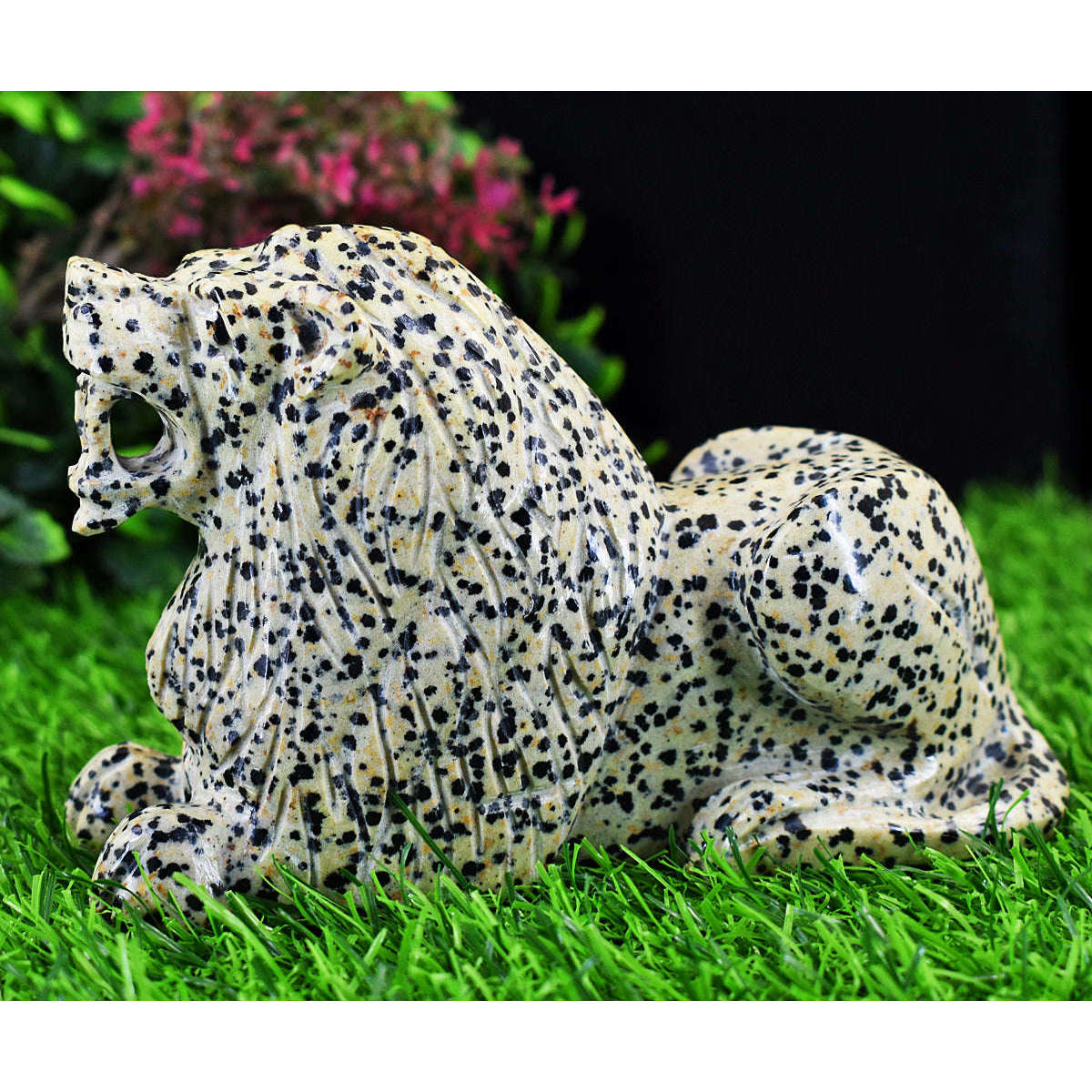 gemsmore:Exclusive Dalmation Jasper  Hand Carved Genuine Crystal Gemstone Carving Massive Lion