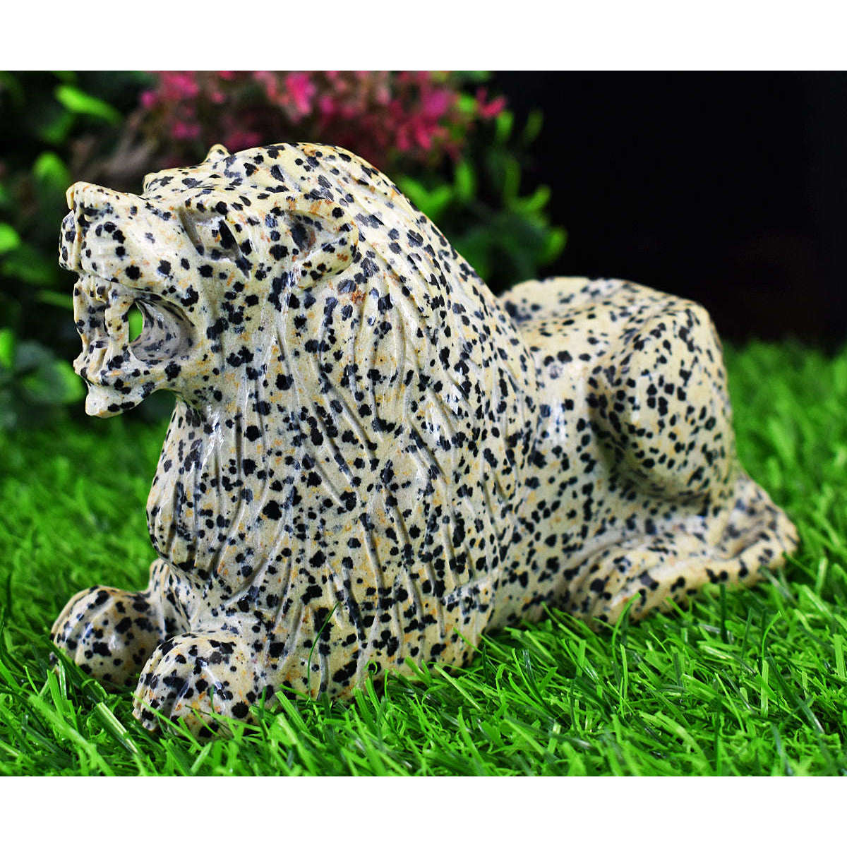gemsmore:Exclusive Dalmation Jasper  Hand Carved Genuine Crystal Gemstone Carving Massive Lion