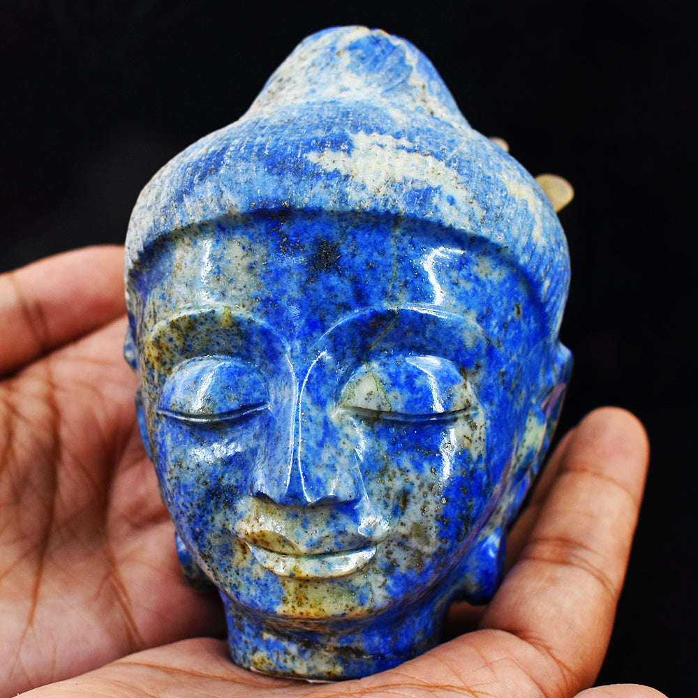 gemsmore:Exclusive Denim Blue Lapis Lazuli  Hand Carved Genuine Crystal Gemstone Carving Buddha Head