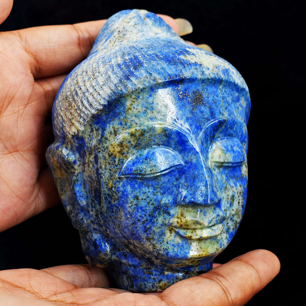 gemsmore:Exclusive Denim Blue Lapis Lazuli  Hand Carved Genuine Crystal Gemstone Carving Buddha Head