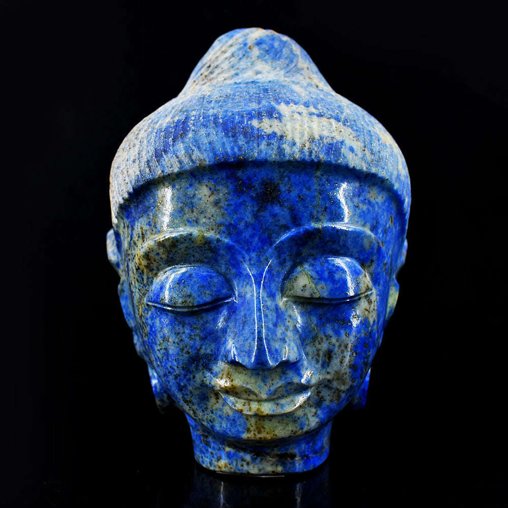 gemsmore:Exclusive Denim Blue Lapis Lazuli  Hand Carved Genuine Crystal Gemstone Carving Buddha Head