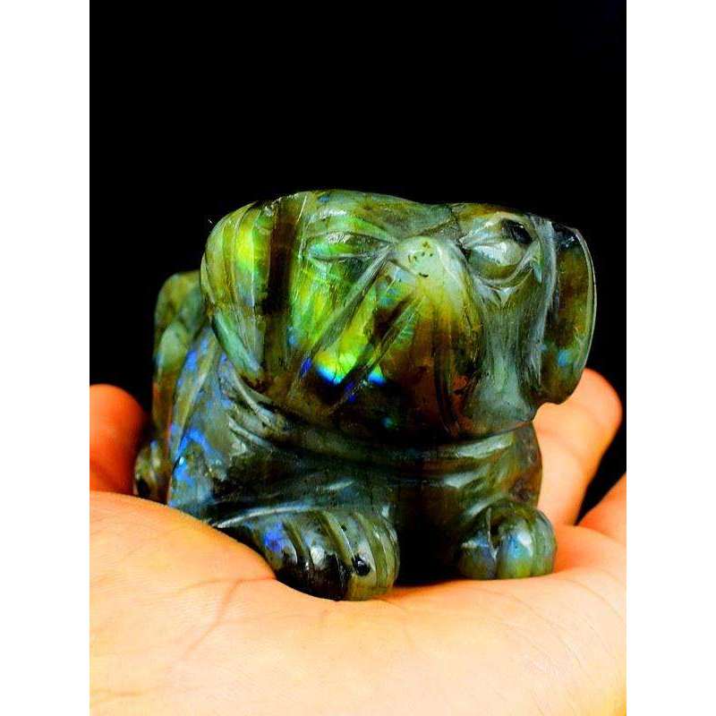 gemsmore:Exclusive Golden & Blue Flash Labrdaorite Carved Dog