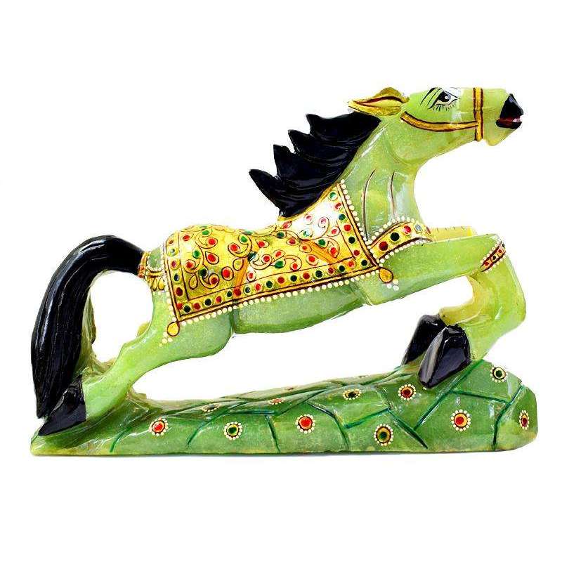 gemsmore:Exclusive Green Aventurine Enamel Painted Hand Carved Horse