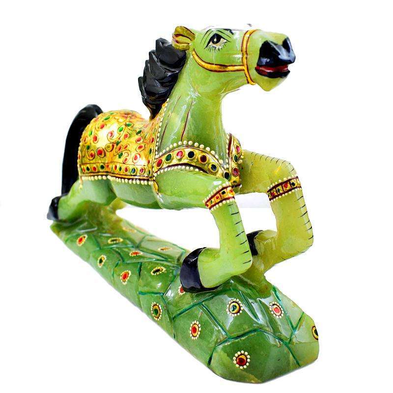 gemsmore:Exclusive Green Aventurine Enamel Painted Hand Carved Horse