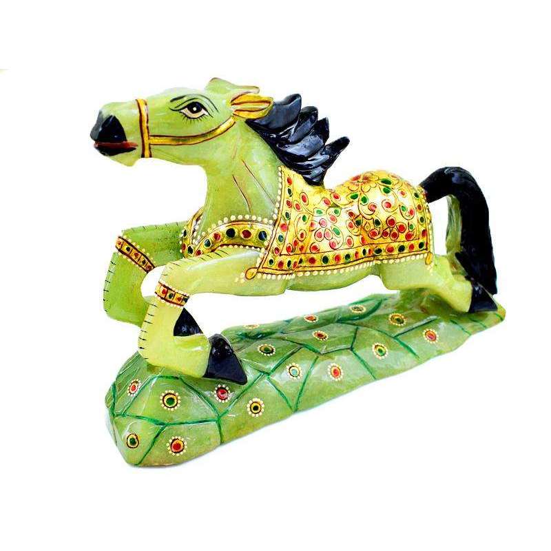 gemsmore:Exclusive Green Aventurine Enamel Painted Hand Carved Horse