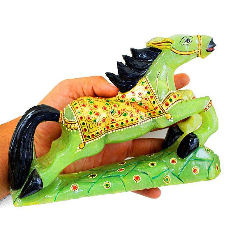 gemsmore:Exclusive Green Aventurine Enamel Painted Hand Carved Horse