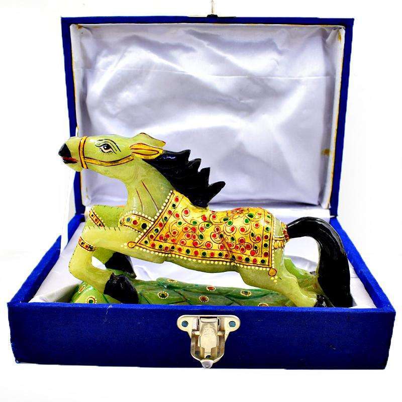 gemsmore:Exclusive Green Aventurine Enamel Painted Hand Carved Horse