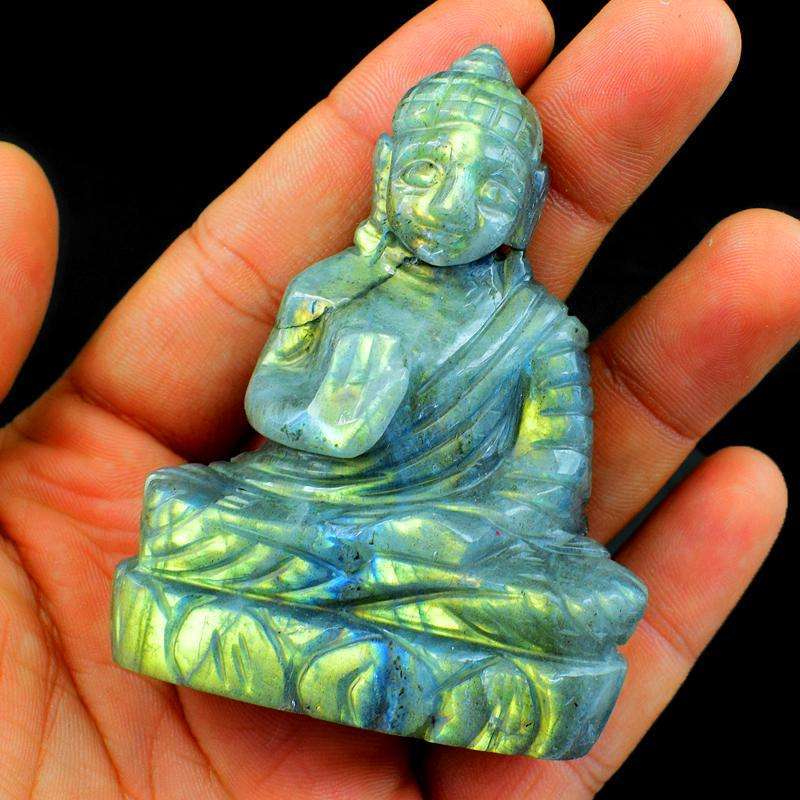 gemsmore:Exclusive Green Flash Labradorite Carved Buddha Idol