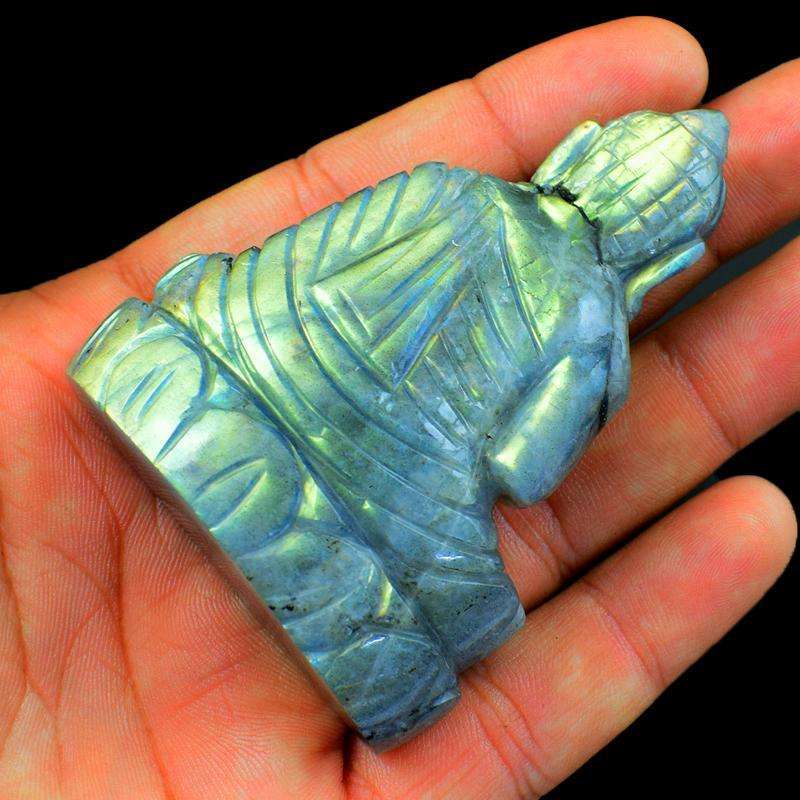 gemsmore:Exclusive Green Flash Labradorite Carved Buddha Idol