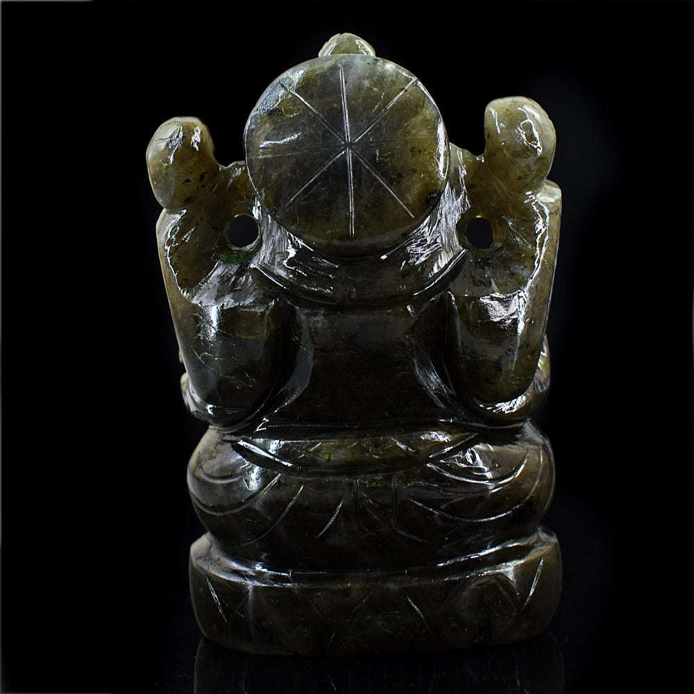 gemsmore:Exclusive Green Flash Labradorite  Hand Carved Lord  Ganesha