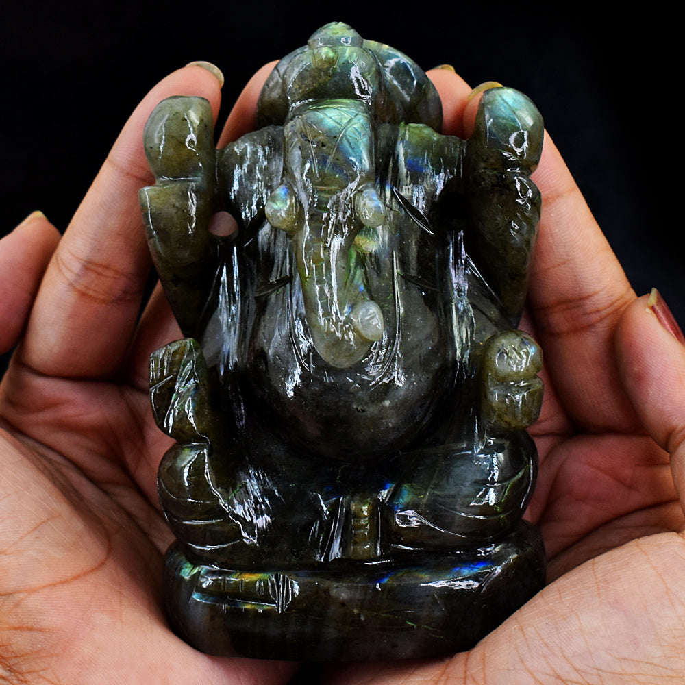 gemsmore:Exclusive Green Flash Labradorite  Hand Carved Lord  Ganesha