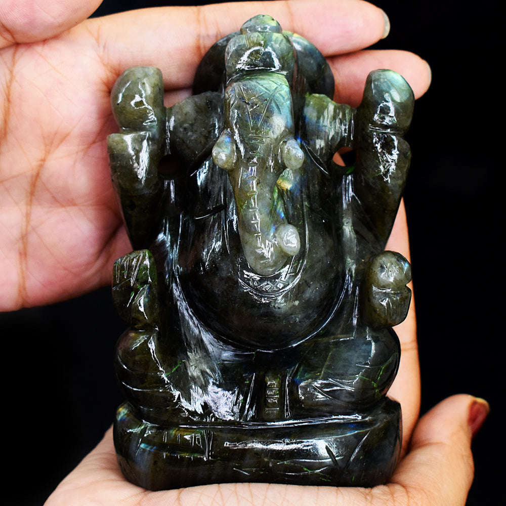 gemsmore:Exclusive Green Flash Labradorite  Hand Carved Lord  Ganesha