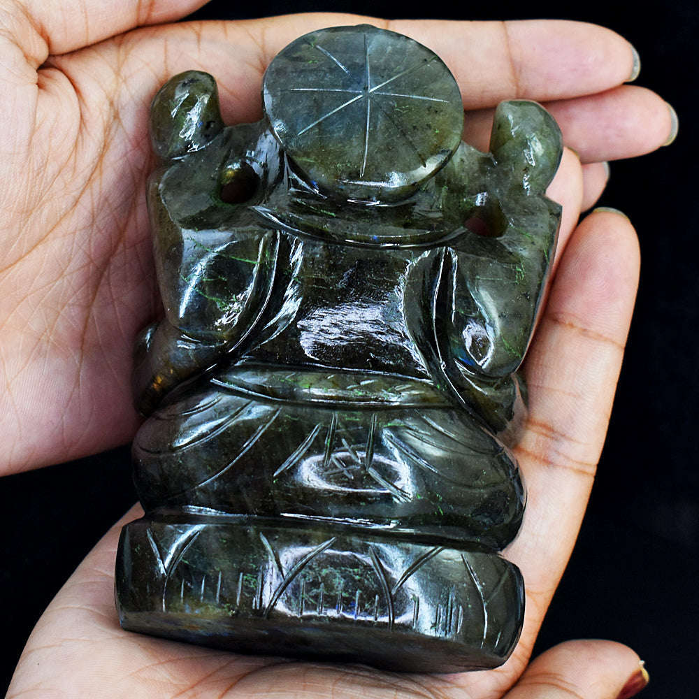 gemsmore:Exclusive Green Flash Labradorite  Hand Carved Lord  Ganesha