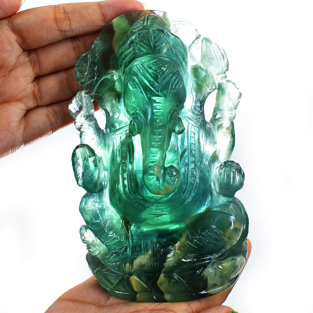 gemsmore:Exclusive Green Fluorite Hand Carved Lord Ganesha Idol