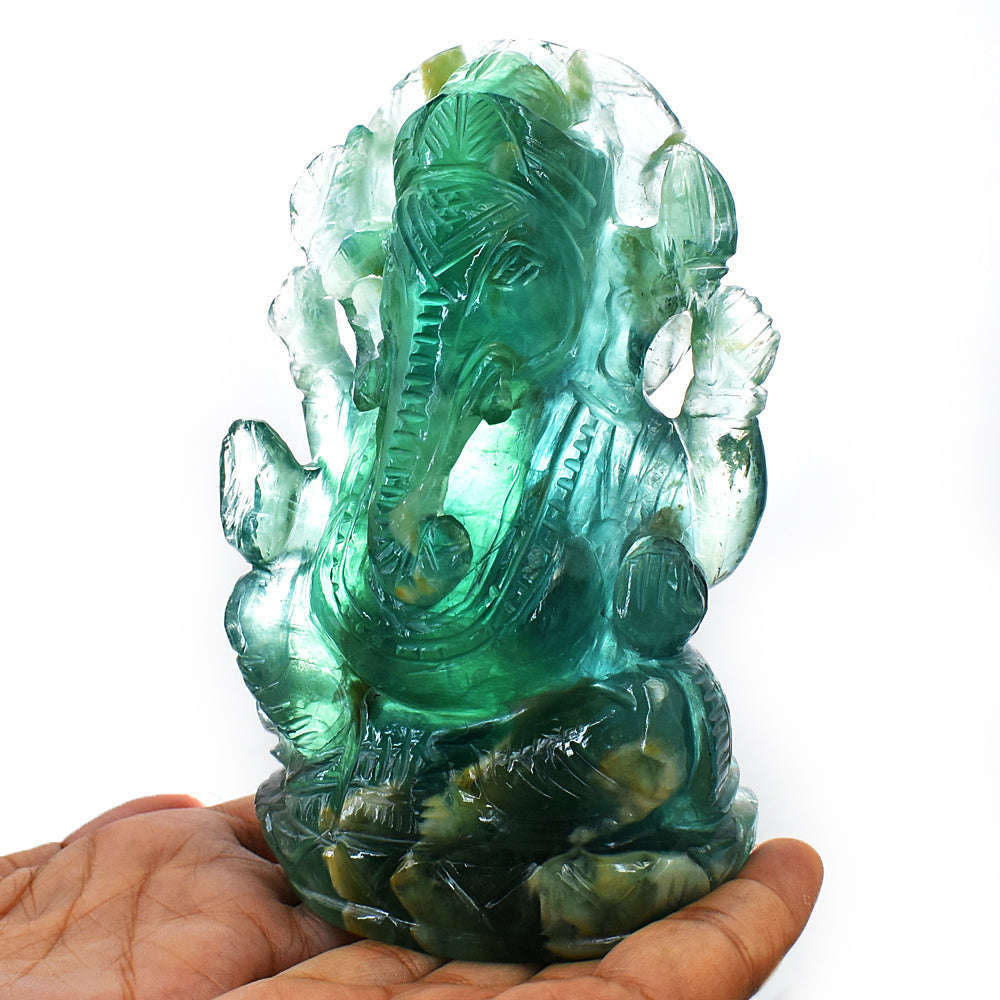 gemsmore:Exclusive Green Fluorite Hand Carved Lord Ganesha Idol
