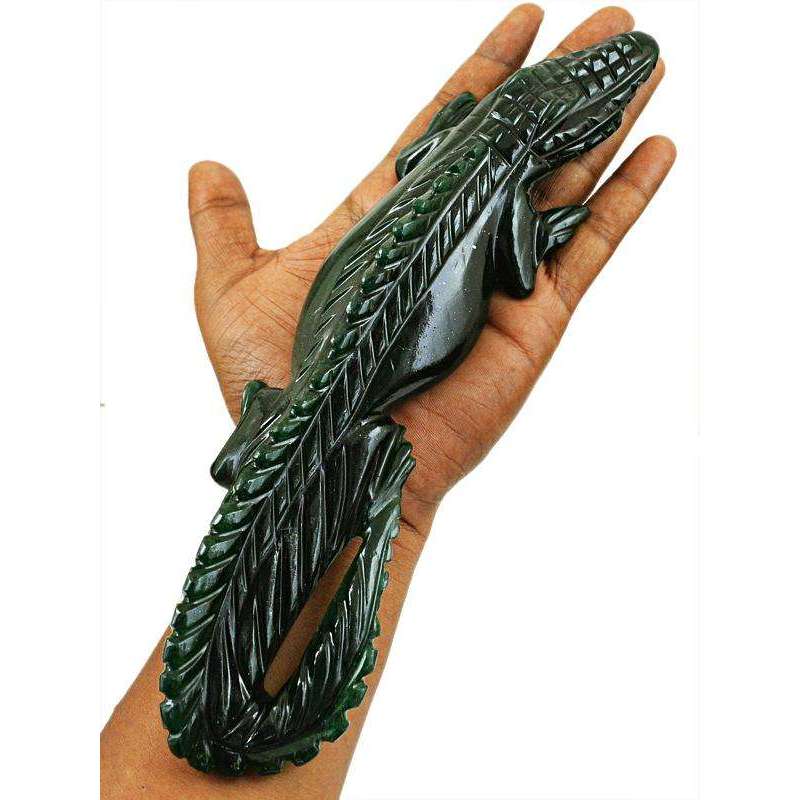gemsmore:Exclusive Green Jade Carved Crocodile - Artisian Carved