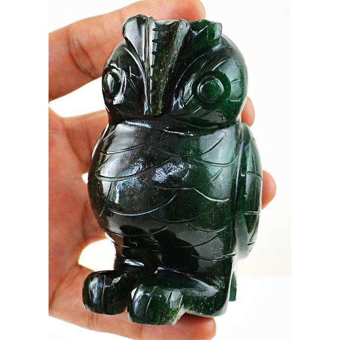 gemsmore:Exclusive Green Jade Carved Owl Gemstone