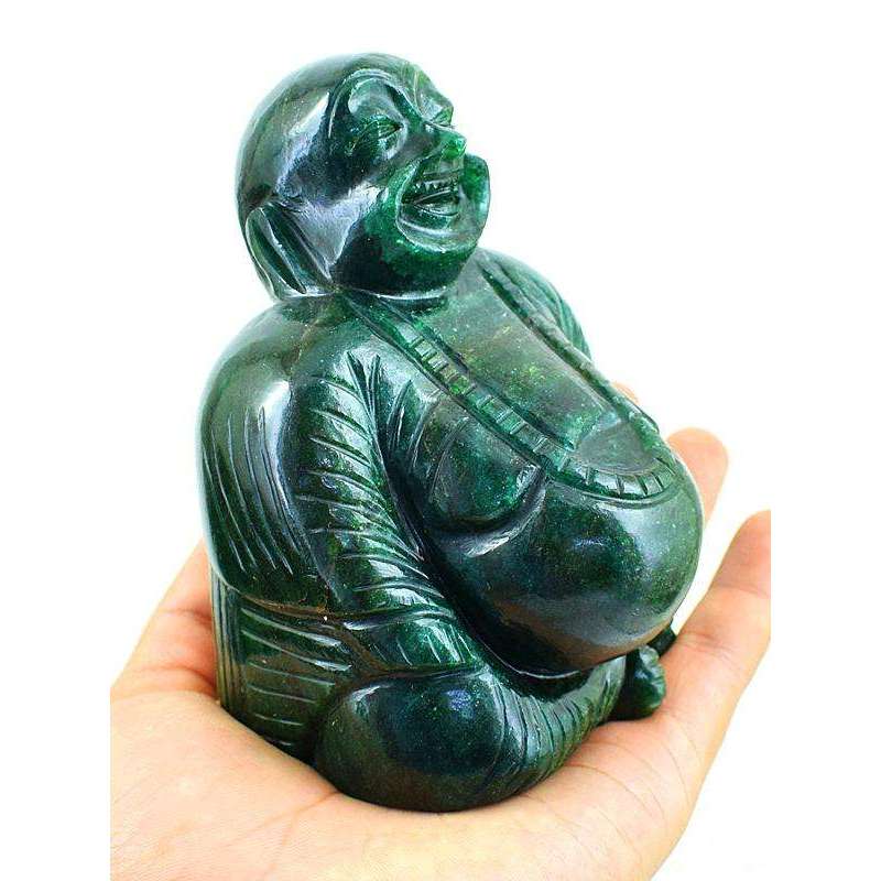 gemsmore:Exclusive Green Jade Gemstone Carved Laughing Buddha Idol Statute
