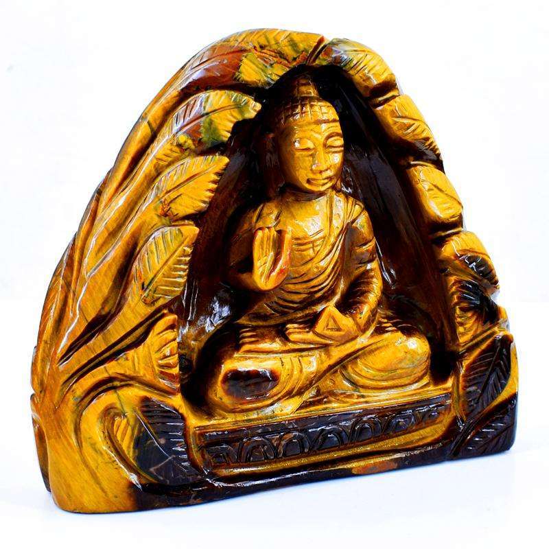 gemsmore:Exclusive Hand Carved Golden Tiger Eye Buddha In Cave