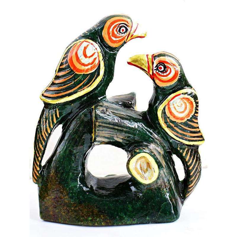 gemsmore:Exclusive Hand Carved Green Jade Enamel Painted Twin Bird