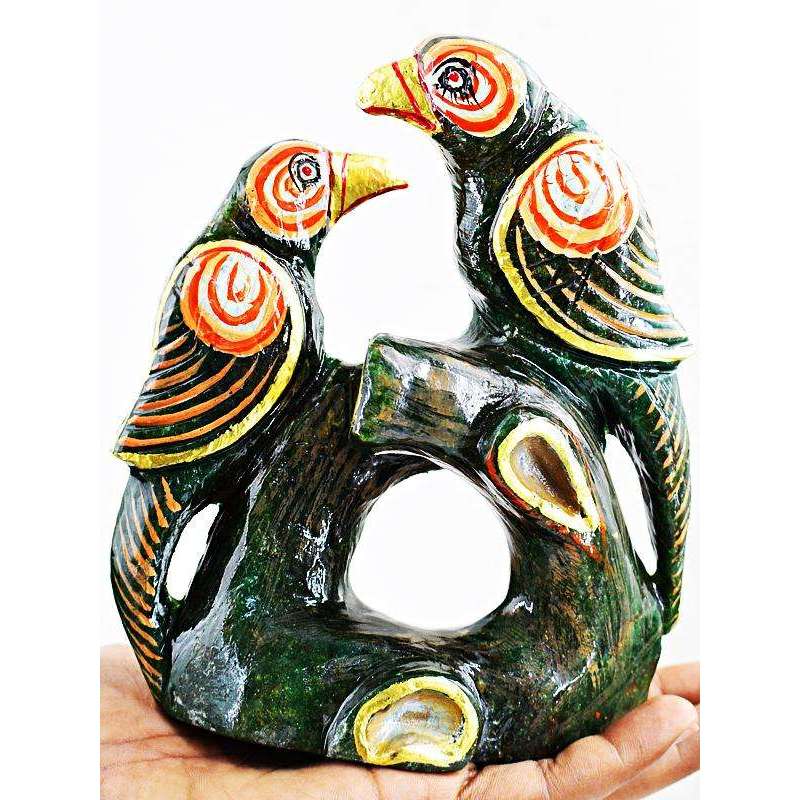 gemsmore:Exclusive Hand Carved Green Jade Enamel Painted Twin Bird