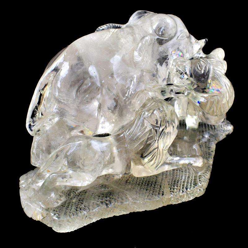 gemsmore:Exclusive Hand Carved White Quartz Lions Hunting Elephant Scene